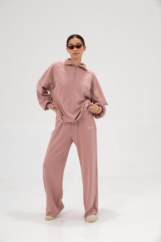 Co-ord Funnel Neck Zip Sweater & Straight Leg Sweatpants - Blush Pink