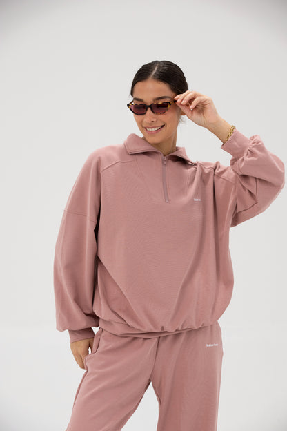 Co-ord Funnel Neck Zip Sweater & Straight Leg Sweatpants - Blush Pink
