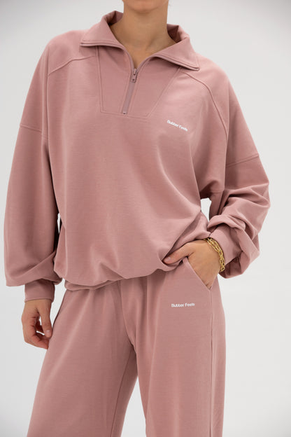 Co-ord Funnel Neck Zip Sweater & Straight Leg Sweatpants - Blush Pink