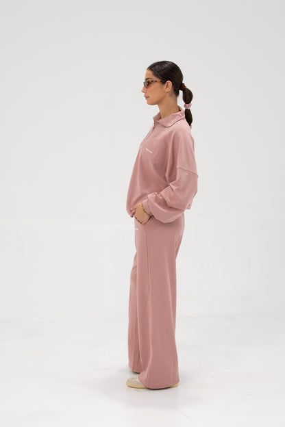 Co-ord Funnel Neck Zip Sweater & Straight Leg Sweatpants - Blush Pink