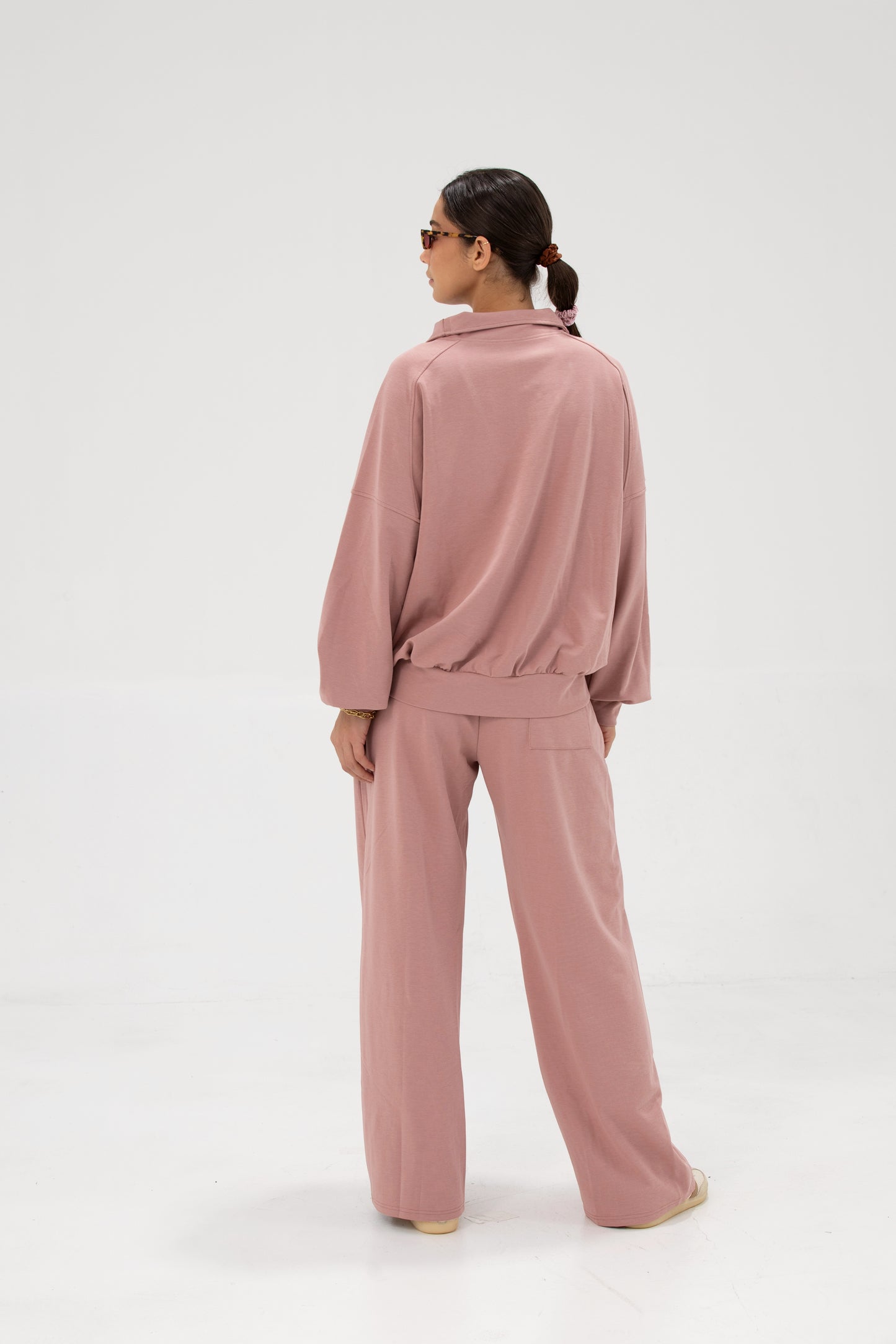 Co-ord Funnel Neck Zip Sweater & Straight Leg Sweatpants - Blush Pink