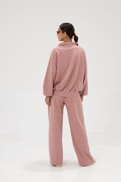 Co-ord Funnel Neck Zip Sweater & Straight Leg Sweatpants - Blush Pink