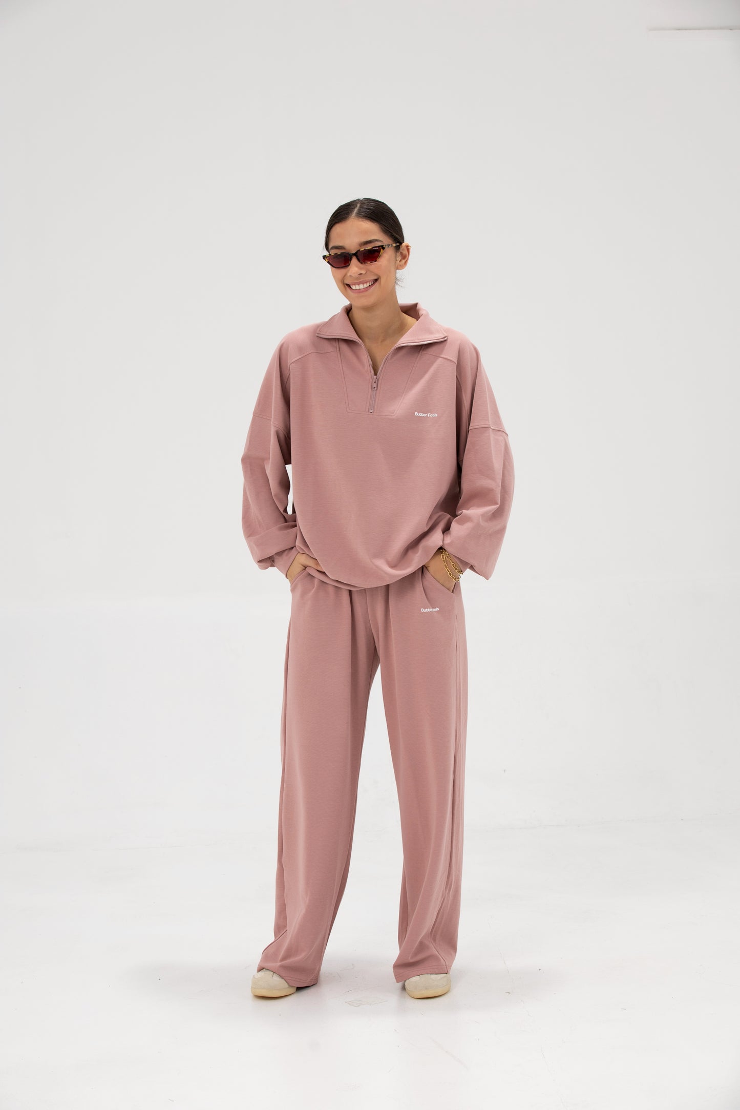 Co-ord Funnel Neck Zip Sweater & Straight Leg Sweatpants - Blush Pink