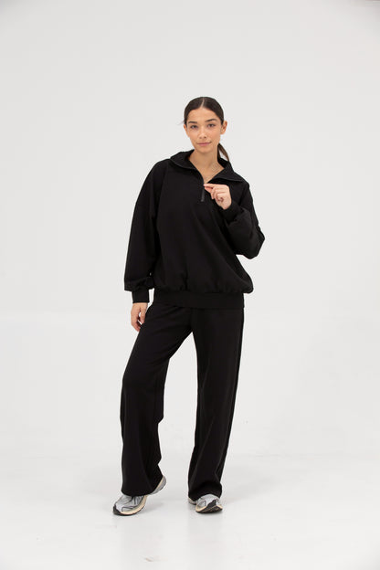 Co-ord Funnel Neck Zip Sweater & Straight Leg Sweatpants - Obsessed Black