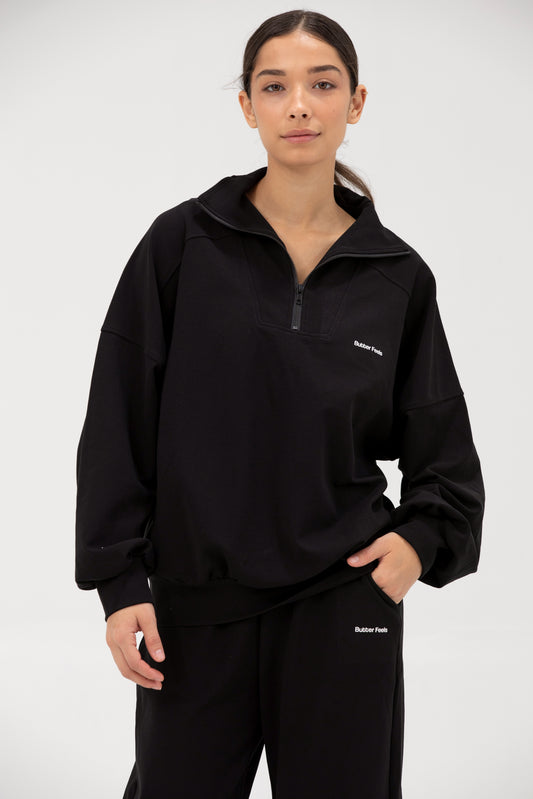 Co-ord Funnel Neck Zip Sweater & Straight Leg Sweatpants - Obsessed Black