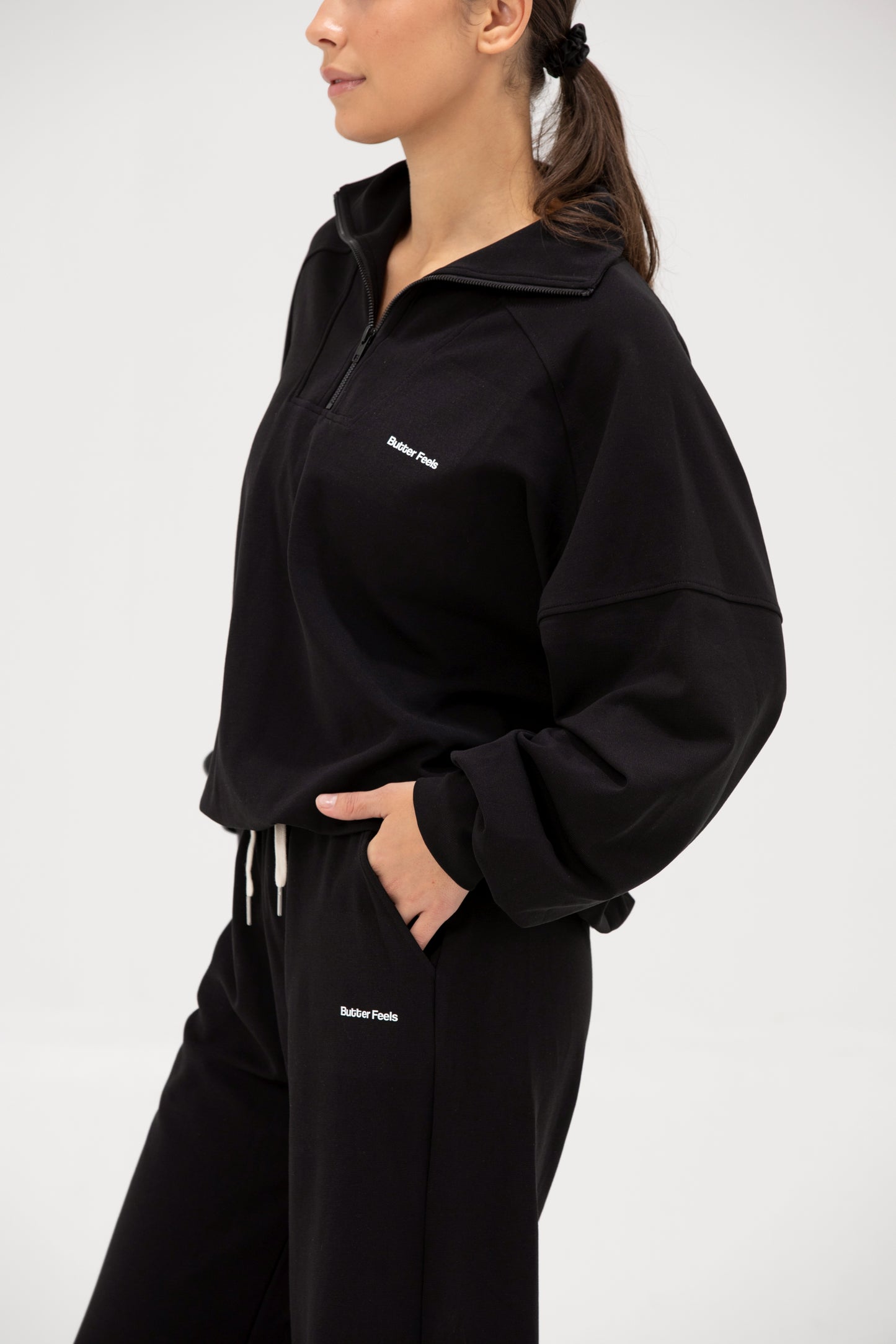 Co-ord Funnel Neck Zip Sweater & Straight Leg Sweatpants - Obsessed Black