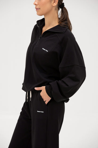 Co-ord Funnel Neck Zip Sweater & Straight Leg Sweatpants - Obsessed Black
