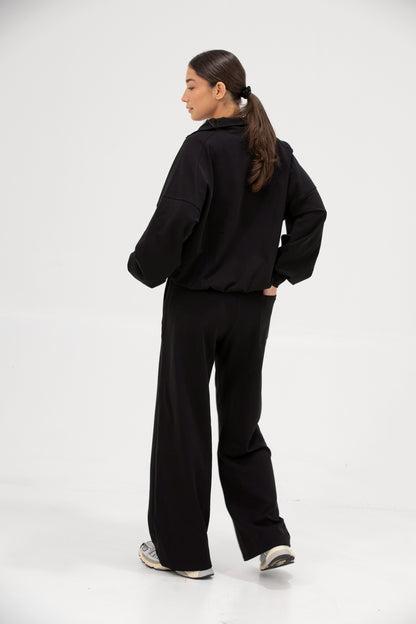 Co-ord Funnel Neck Zip Sweater & Straight Leg Sweatpants - Obsessed Black