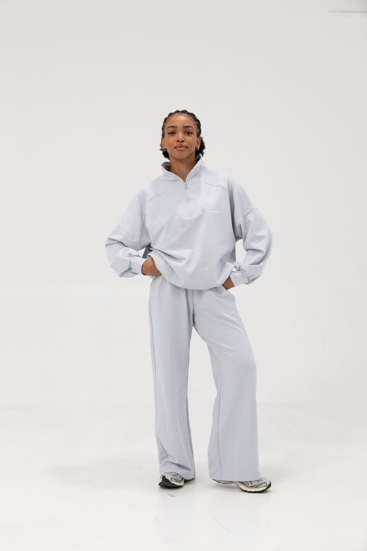 Co-ord Funnel Neck Zip Sweater & Straight Leg Sweatpants - Ice Water