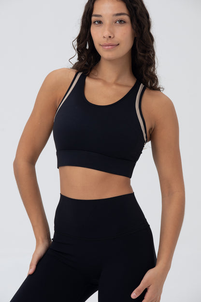 LikeSkin® Seamless Open back Sports Bra - Black with Beige edges